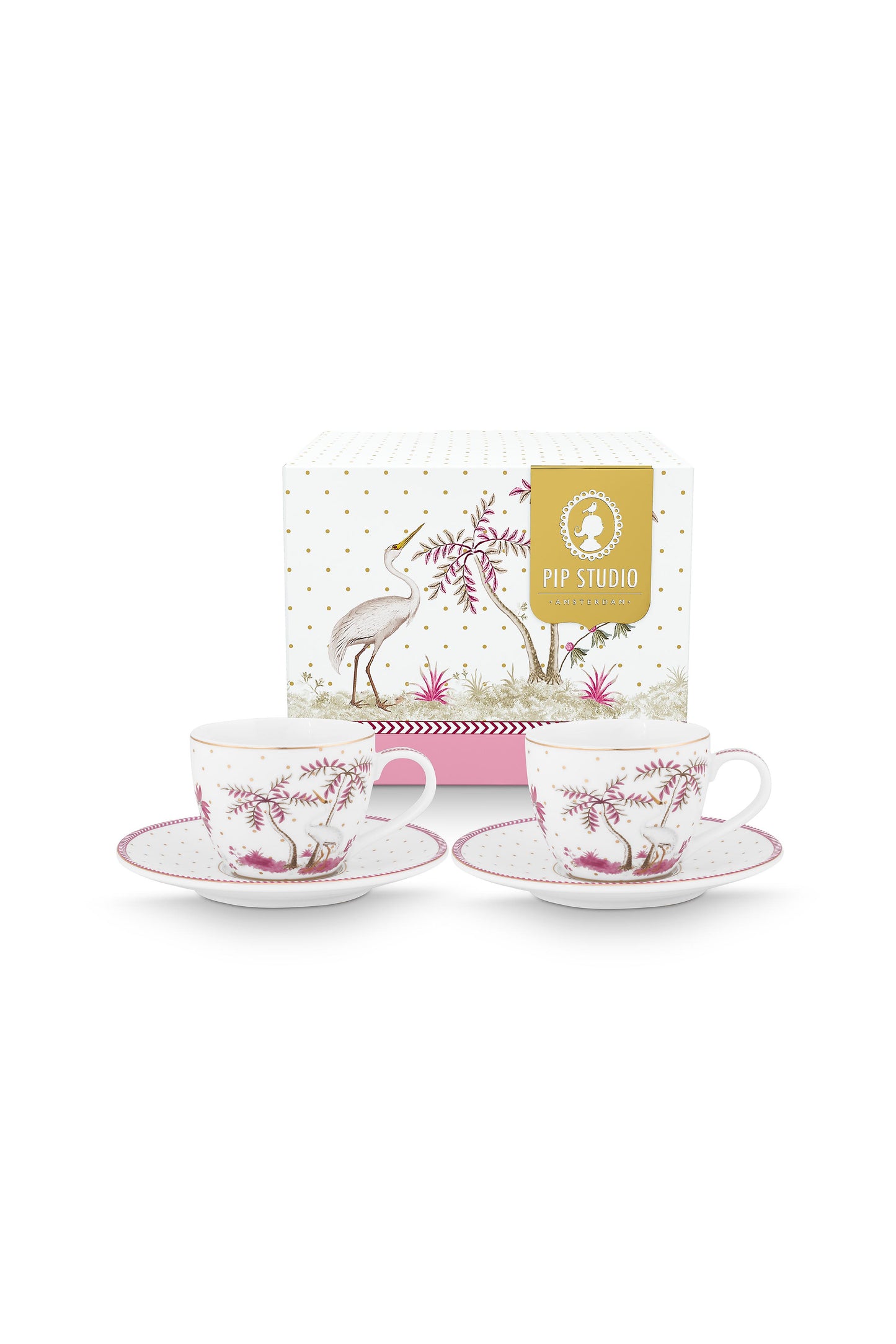 Gift Set of 2 Espresso Cups & Saucers Jolie Dots Gold Pink 120ml