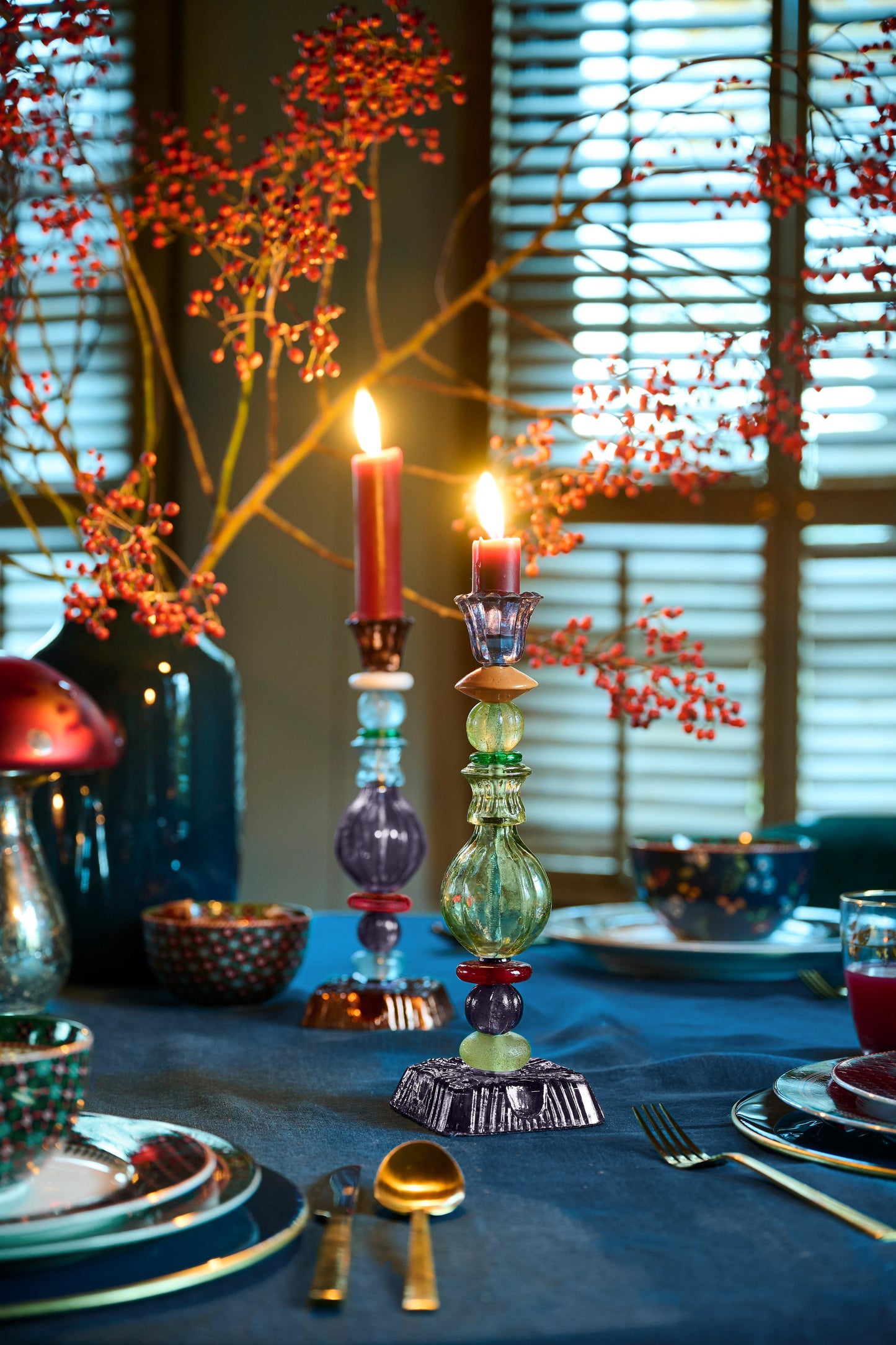 Glass Candle Holder Bead Green-Blue 29cm