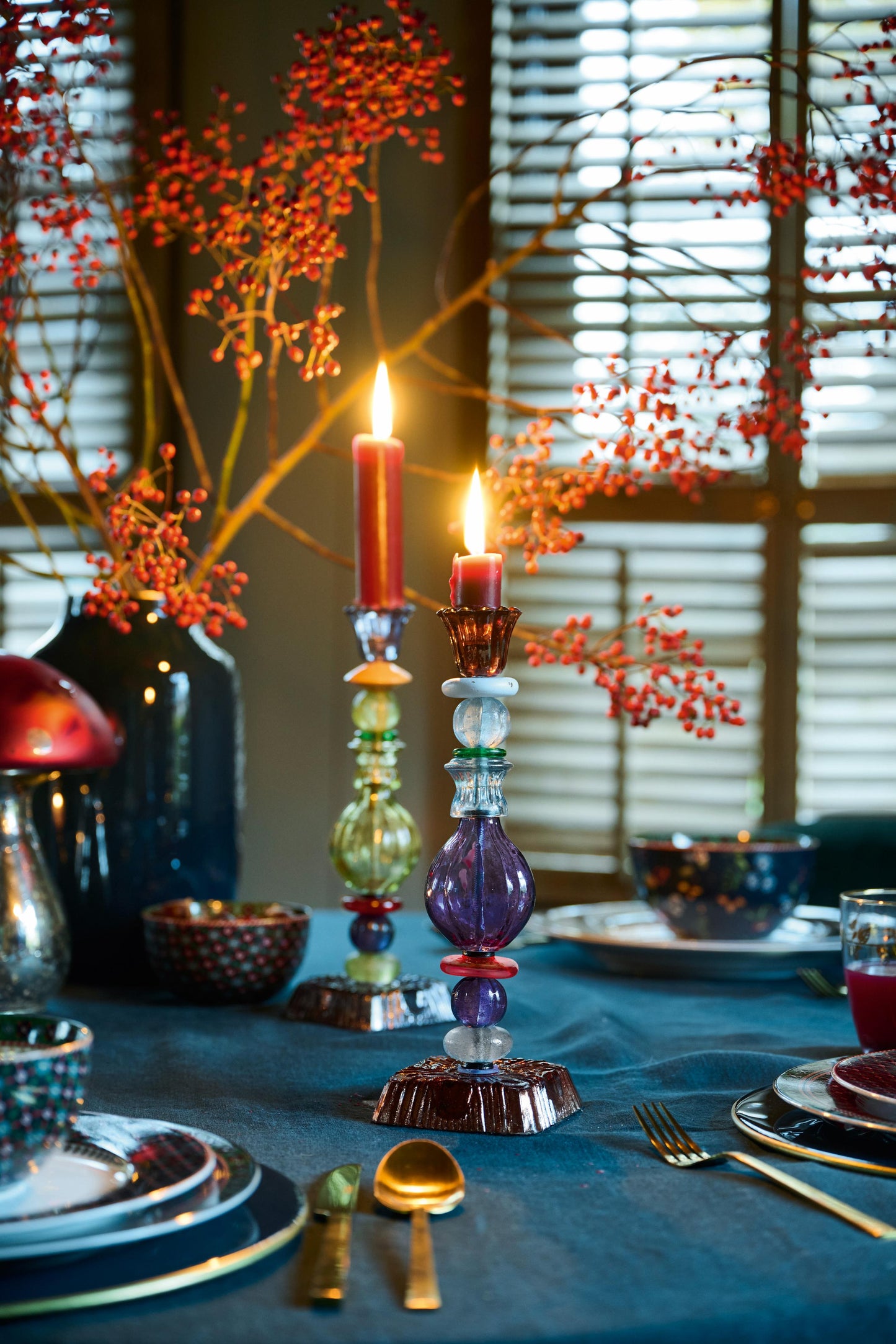 Glass Candle Holder Bead Blue 28cm