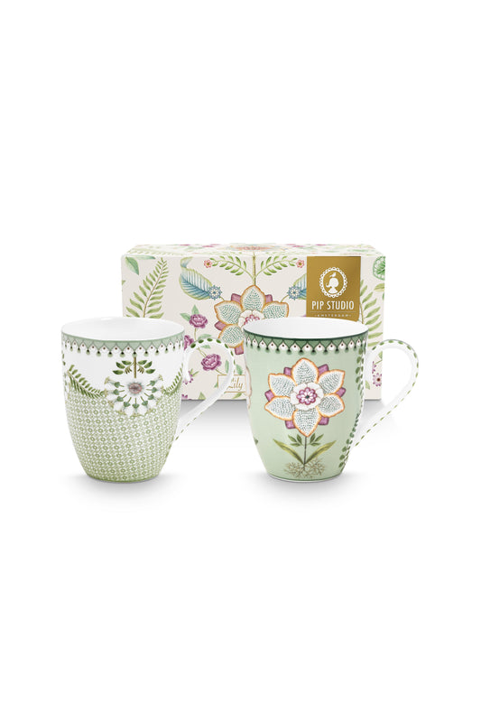 Gift Set of 2 Mugs Large Lily & Lotus Light Green 350ml