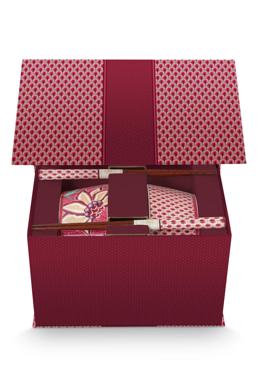 Giftset Bowls 15cm & Chopsticks Oriental Flower Festival Dark Pink