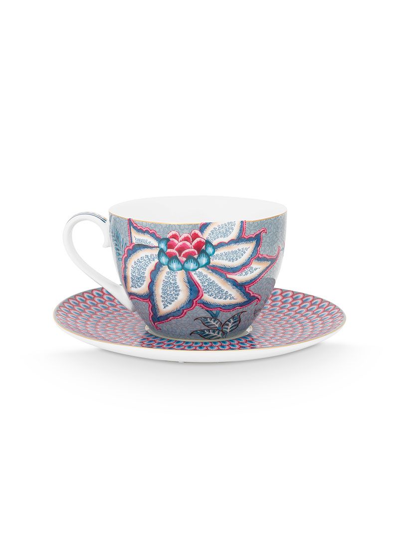 Set/2 Cups & Saucers Flower Festival Light Blue 280ml