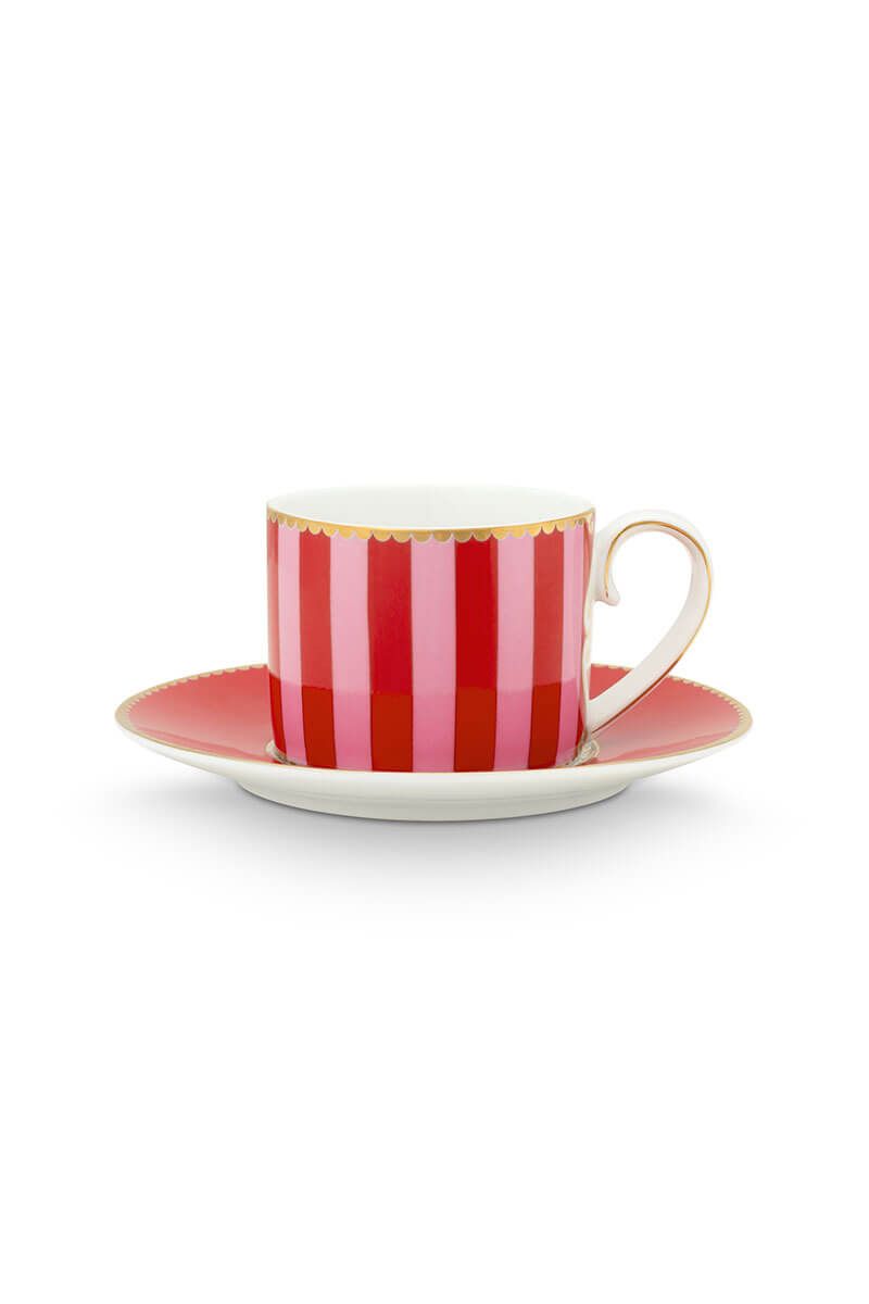 Espresso Cup & Saucer Love Birds Stripes Red-Pink 125ml