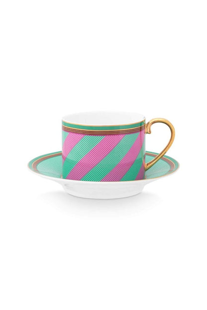 Cup & Saucer Pip Chique Stripes Pink-Green 220ml