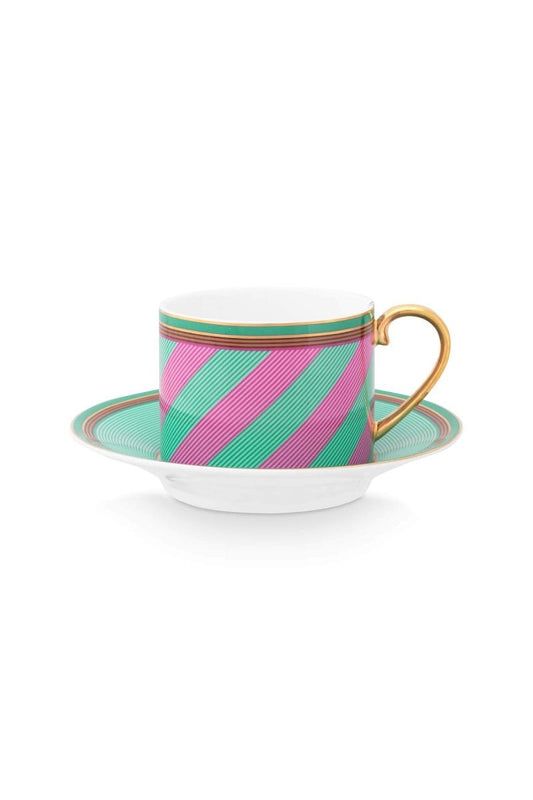 Cup & Saucer Pip Chique Stripes Pink-Green 220ml
