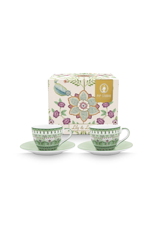 Gift Set of 2 Espresso Cups and Saucers Lily & Lotus Light Green 120ml