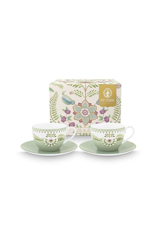 Gift Set of 2 Cups and Saucers Lily & Lotus Light Green 280ml