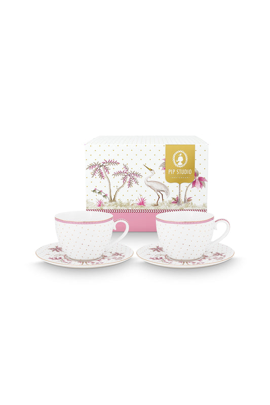 Gift Set of 2 Cups & Saucers Jolie Dots Gold Pink 280ml