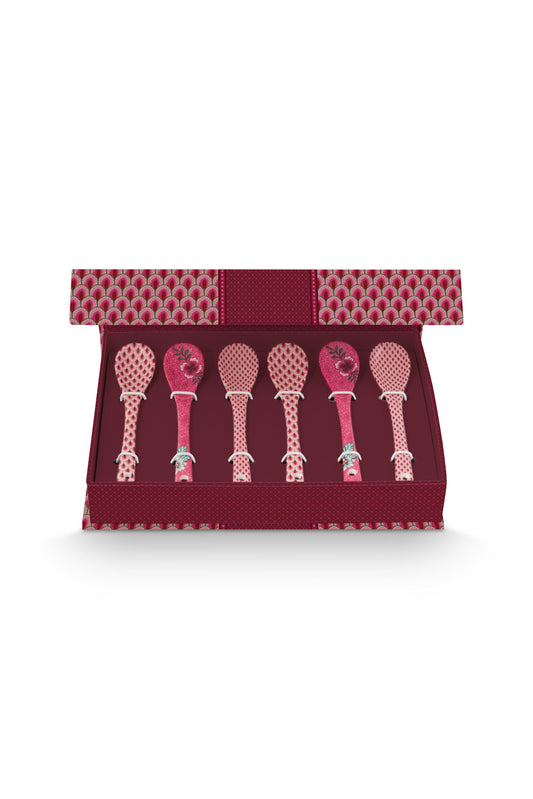 Gift Set of 6 Spoons Oriental Flower Festival Dark Pink 13cm