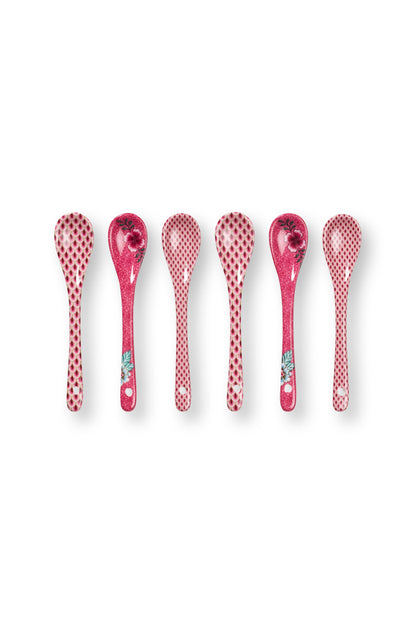 Gift Set of 6 Spoons Oriental Flower Festival Dark Pink 13cm