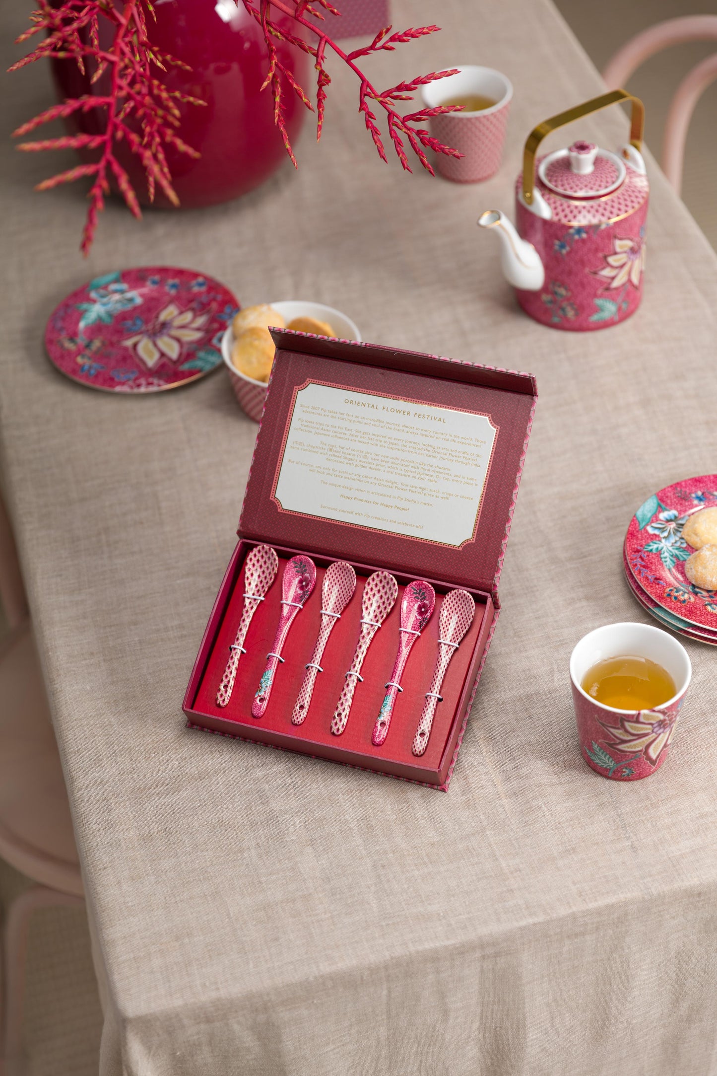 Gift Set of 6 Spoons Oriental Flower Festival Dark Pink 13cm
