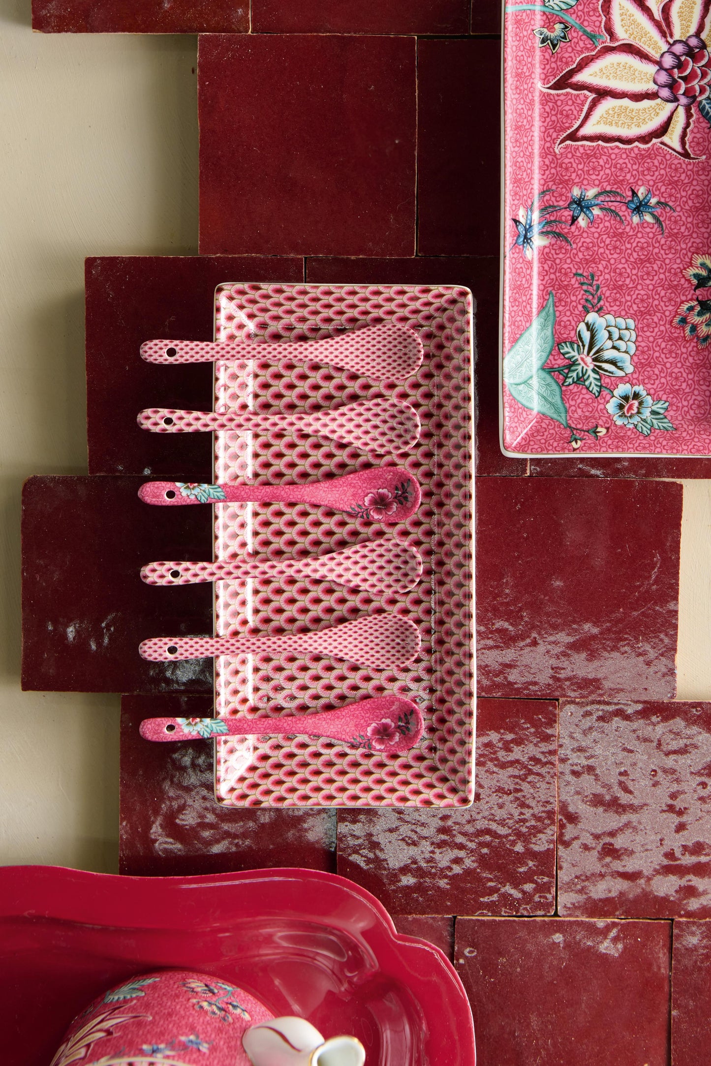 Gift Set of 6 Spoons Oriental Flower Festival Dark Pink 13cm