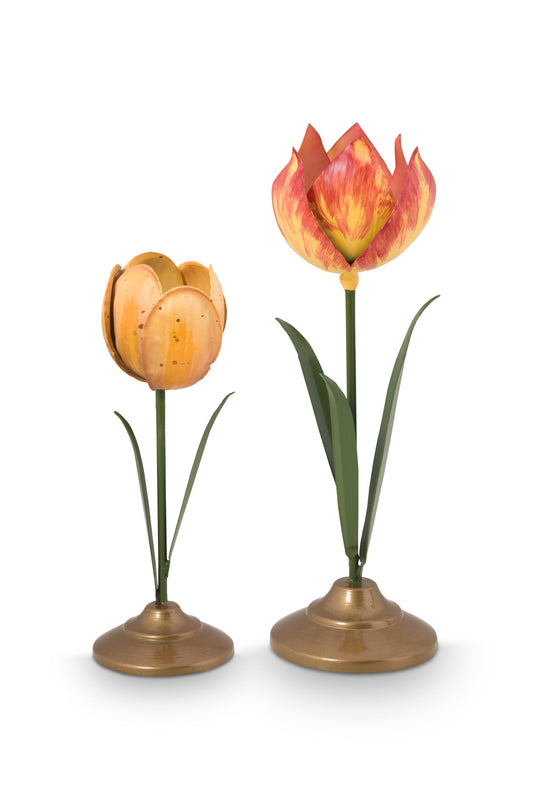 Gift Set of 2 Tulip Candle Holders Metal Yellow