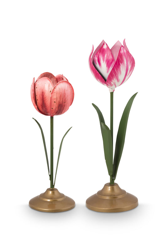 Gift Set of 2 Tulip Candle Holders Metal Pink