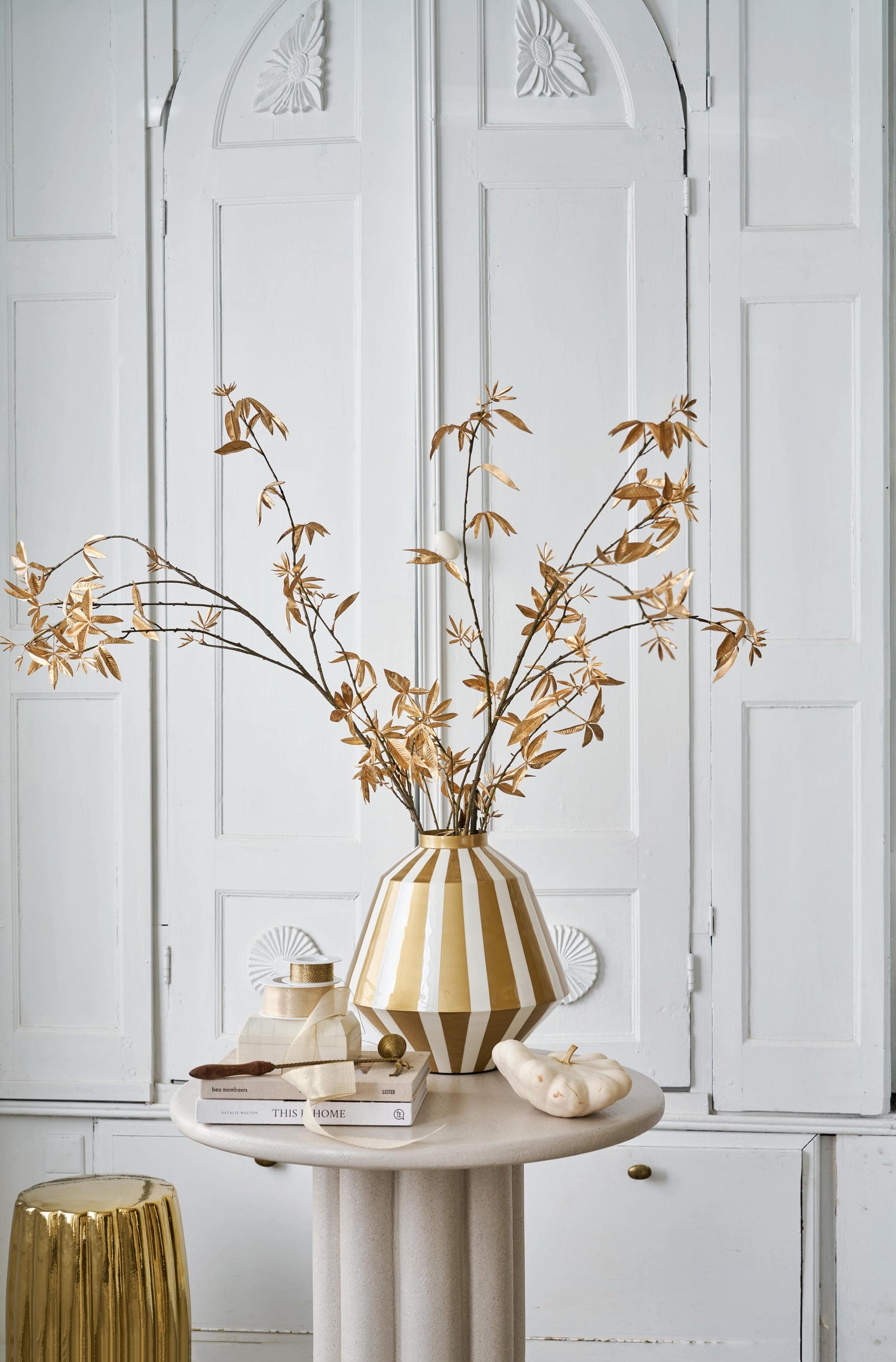 Vase Metal Stripes White-Gold 35cm