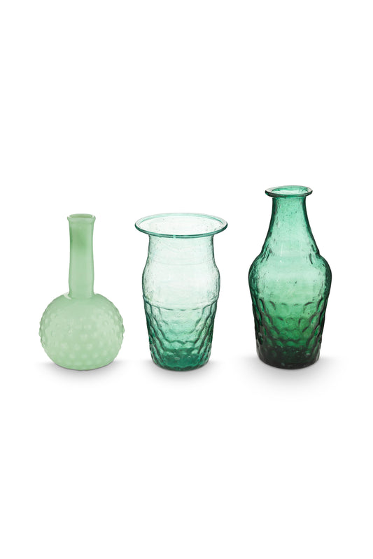 Set/3 Small Vases Glass Blue-Green