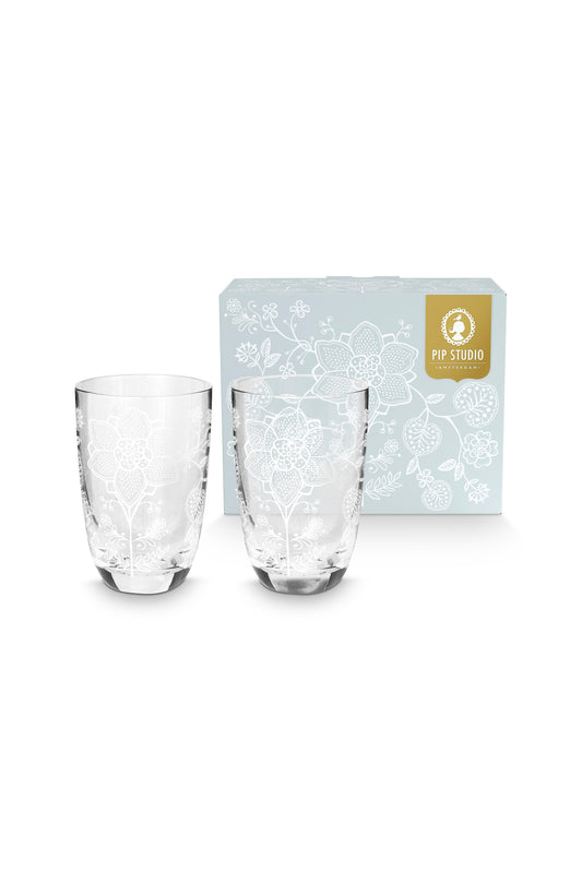 Gift Set of 2 Longdrink Glasses Flower White 400ml