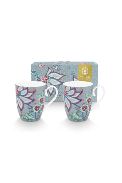 Set/2 Mugs Large Flower Festival Light Blue 350ml