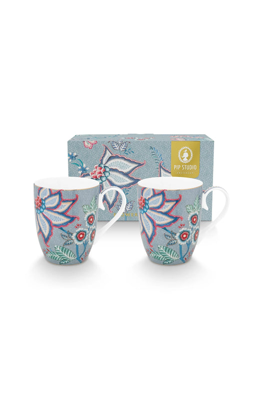 Set/2 Mugs Large Flower Festival Light Blue 350ml
